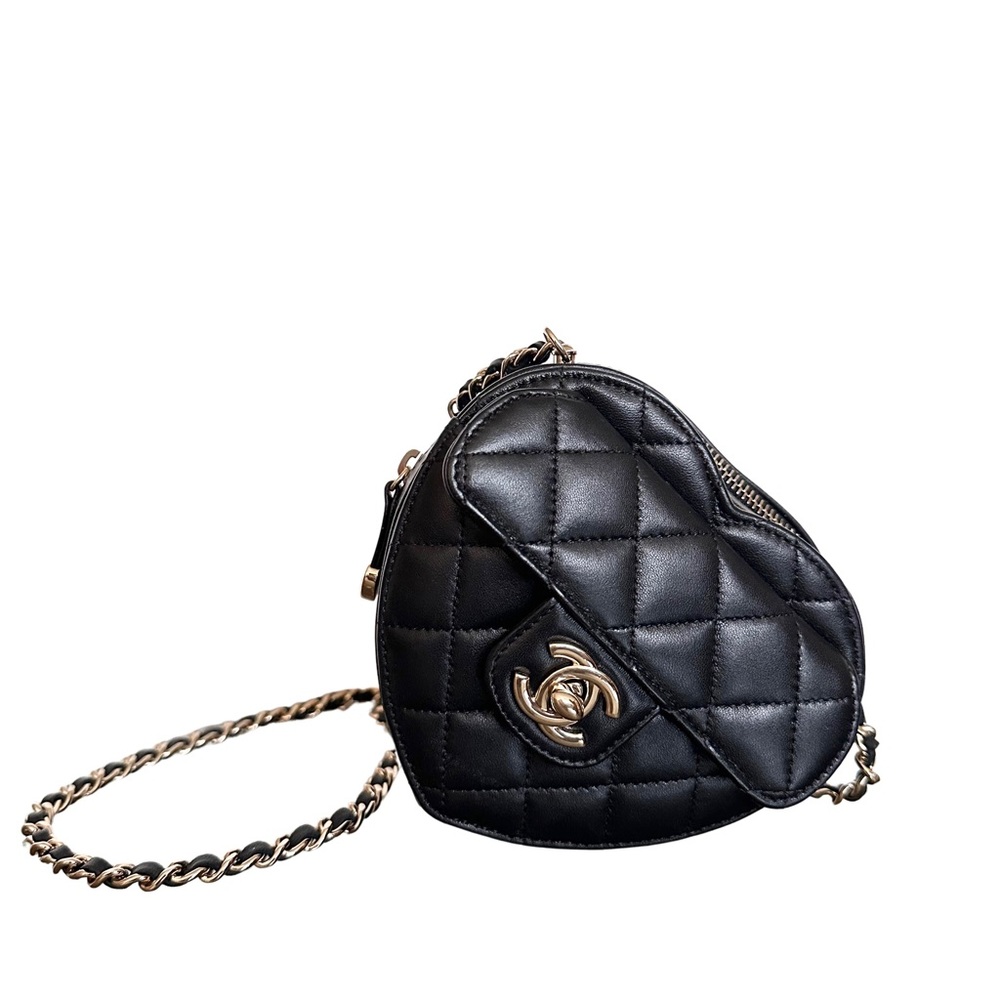 Chanel CC in Love Heart Crossbody Bag Quilted Lambskin Black Light Gold Hardware